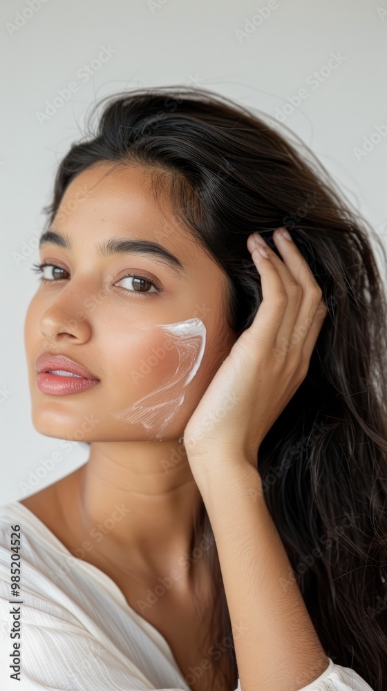 South Asian woman applies white cream on her skin in a beauty studio with a gray background, focusing on hand holding the cream. The facial application showcases intimate atmosphere and relaxed state.