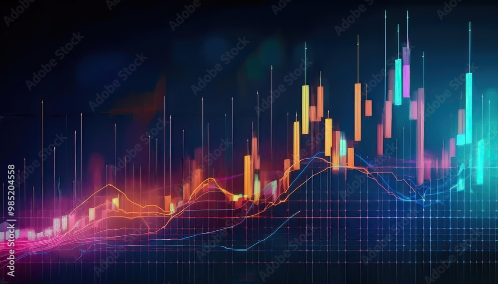 A neon-colored financial graph featuring an uptrend line candlestick chart for the stock market expansive background A neon-colored financial graph featuring an uptrend line candlestick chart for the stock market expansive background