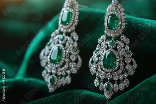 Emerald and Diamond Earrings on Green Velvet