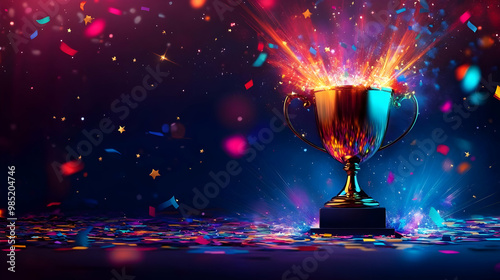 Golden Trophy With Confetti...