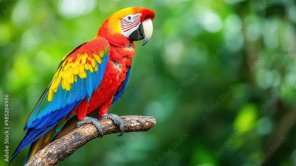 A vibrant parrot perched on a branch, showcasing its striking red, yellow, and blue feathers against a blurred green background A vibrant parrot perched on a branch, showcasing its striking red, yellow, and blue feathers against a blurred green background