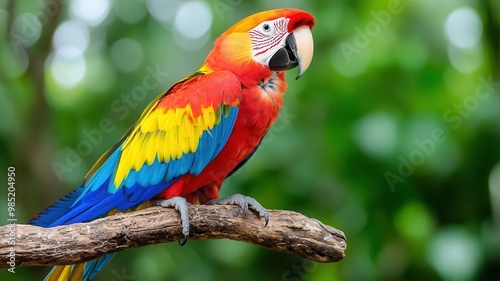 A vibrant parrot perched on a branch, showcasing its striking red, yellow, and blue feathers against a blurred green background