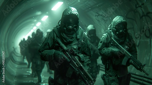 Soldiers in Gas Masks Walking Through a Tunnel
