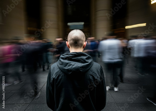 A lone man standing in the middle of a moving crowd. Social isolation and feeling of loneliness concept. Blurry motion effect.