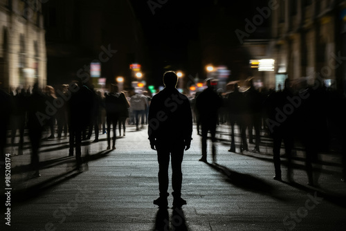 A lone man standing in the middle of a moving crowd. Social isolation and feeling of loneliness concept. Blurry motion effect.