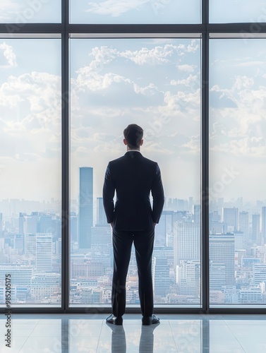 Businessman standing in front of a large office window, city skyline behind, confident and poised executive presence, business leadership