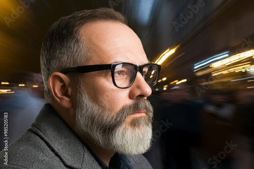 A lone man standing in the middle of a moving crowd. Social isolation and feeling of loneliness concept. Blurry motion effect.
