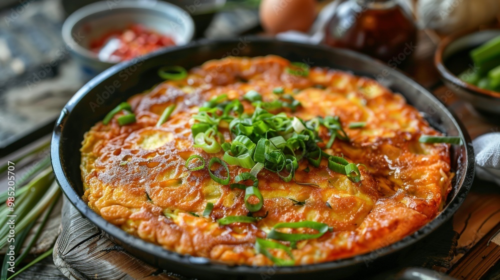 Close-up of Golden-Brown Omelet with Green Onions in a Black Cast Iron Pan Close-up of Golden-Brown Omelet with Green Onions in a Black Cast Iron Pan
