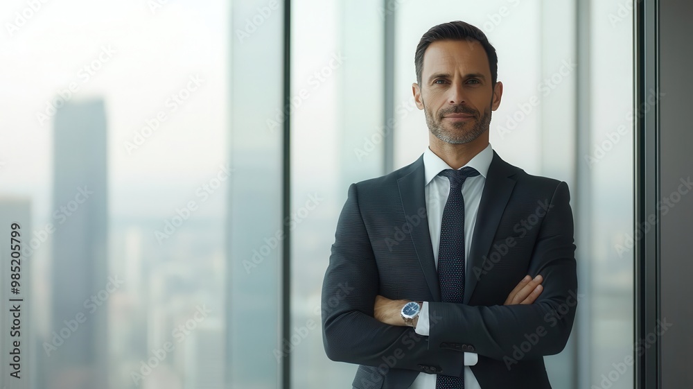 Confident businessman standing proudly in a high-rise office, city skyline behind, European features corporate success, executive presence Confident businessman standing proudly in a high-rise office, city skyline behind, European features corporate success, executive presence