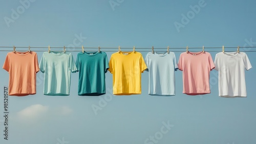 Colorful t-shirts drying on washing line against blue sky