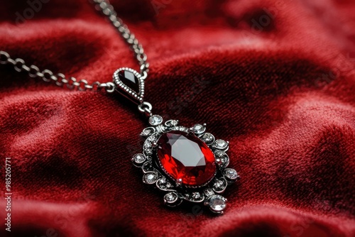 A Silver Chain Necklace with a Large Red Gemstone Pendant photo