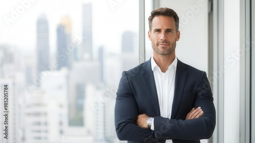 Confident businessman standing proudly in a high-rise office, city skyline behind, European features corporate success, executive presence