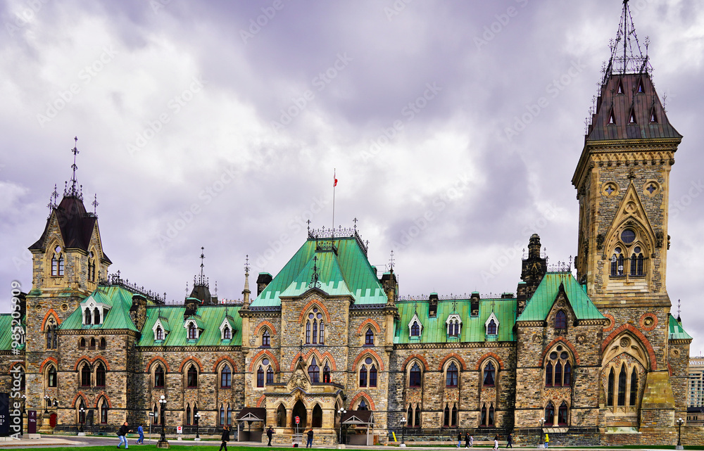 Fototapeta premium View of the East Block of Ottawa's historic Parliament Buildings,built in Gothic revival style, completed in 1886 in downtown Ottawa,Ontario,Canada 
