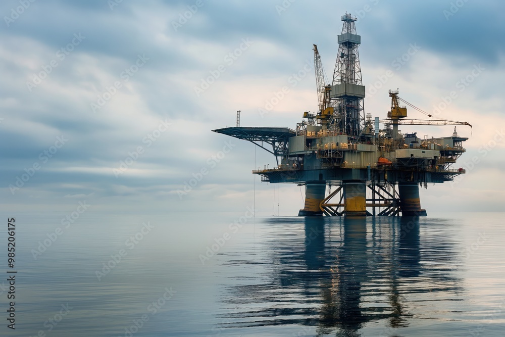 Oil rig platform stands on calm sea. Cranes and machinery on platform. Shallow water, silhouette of rig against dawn sky. Drilling equipment and technology used for oil and gas production. Oil rig platform stands on calm sea. Cranes and machinery on platform. Shallow water, silhouette of rig against dawn sky. Drilling equipment and technology used for oil and gas production.