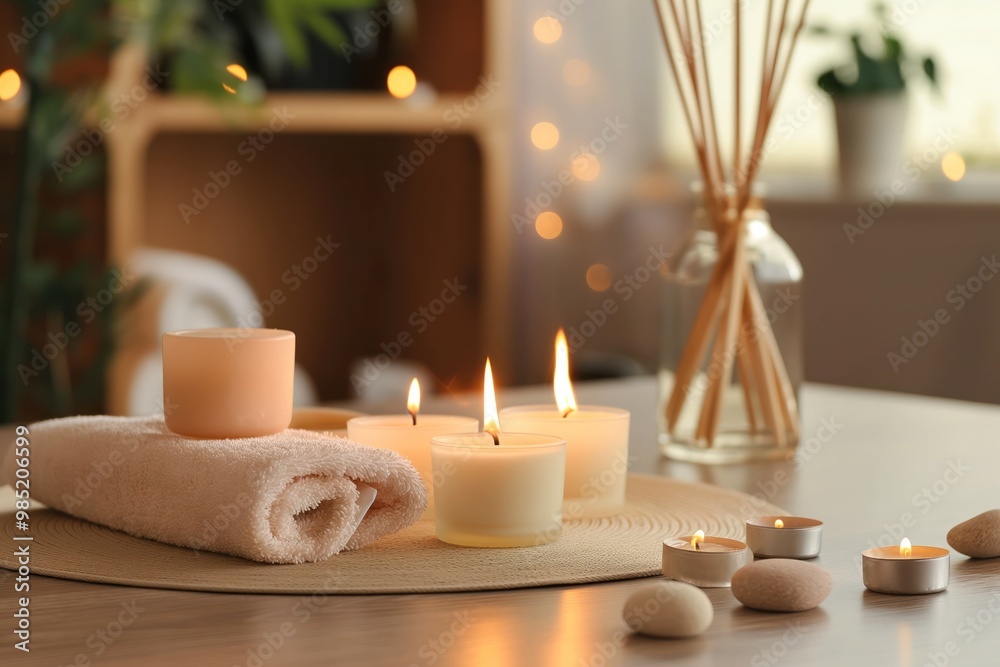Candles burning, reed diffuser releasing aromatic scent. Spa salon interior design with modern, luxurious furniture. Blurred background for text overlay. Relaxing atmosphere for wellness, Candles burning, reed diffuser releasing aromatic scent. Spa salon interior design with modern, luxurious furniture. Blurred background for text overlay. Relaxing atmosphere for wellness,