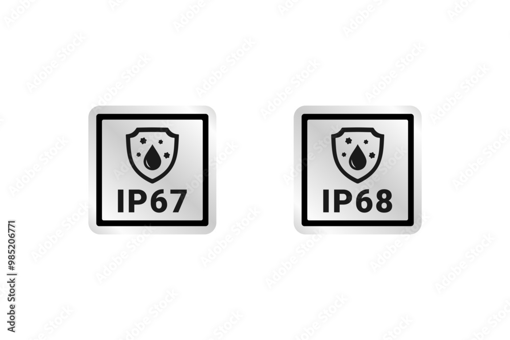 IP67 label or IP68 label waterproof and dustproof sign vector isolated. Best Anti rust sign for apps, websites, product packaging, and more. IP67 label or IP68 label waterproof and dustproof sign vector isolated. Best Anti rust sign for apps, websites, product packaging, and more.
