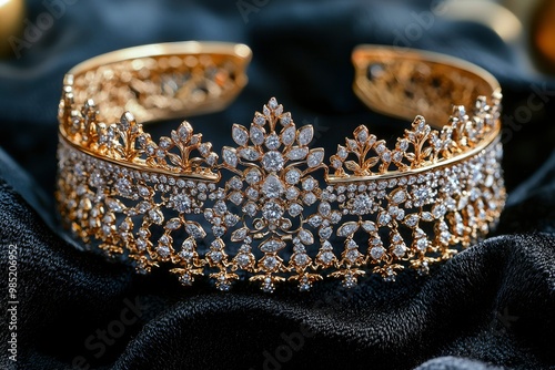 A Diamond-Encrusted Gold Crown Resting on Black Satin Fabric photo