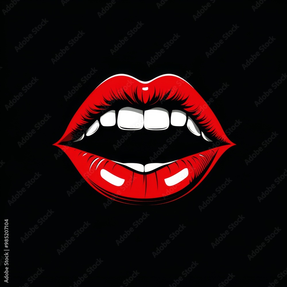 A close-up illustration of a pair of red lips with white teeth open against a black background. A close-up illustration of a pair of red lips with white teeth open against a black background.