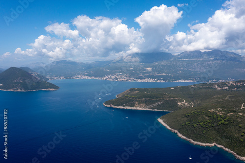 Entrance of Boka Kotor bay, aerial view from Mamula isle  photo