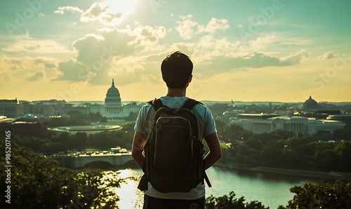 Man With Backpack Admiring the Washington D.C. Skyline photo