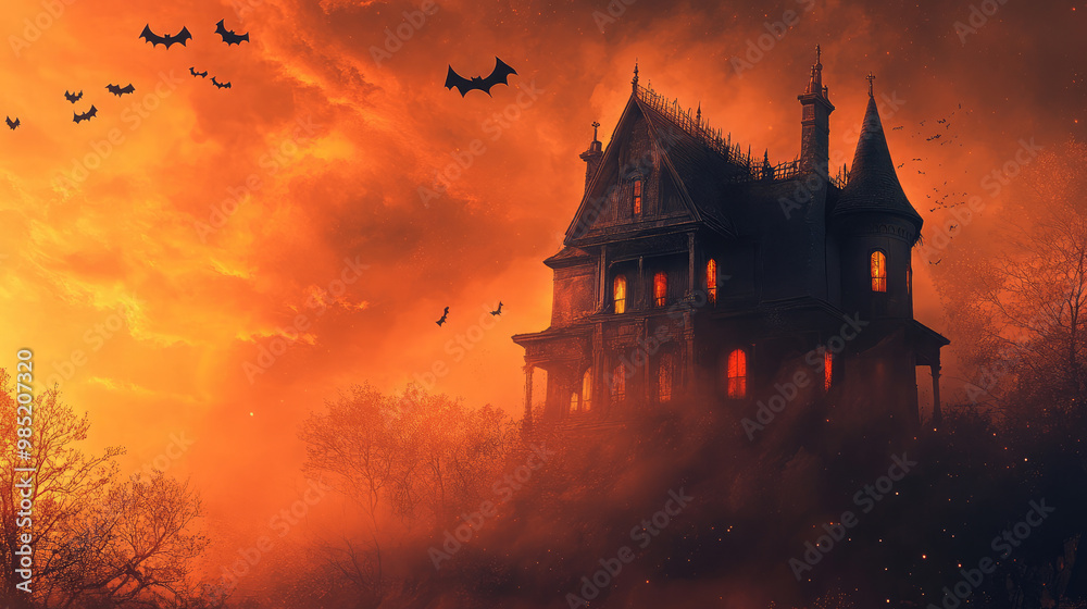 A haunting frame design with a creepy haunted house at the base and bats fluttering around the borders, adding a spooky to any Halloween scene. A haunting frame design with a creepy haunted house at the base and bats fluttering around the borders, adding a spooky to any Halloween scene.