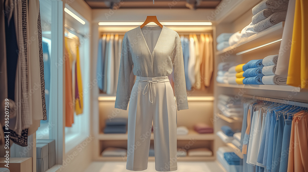 a photostock image of a stylish jumpsuit displayed in augmented reality, with fabric details, color options, and customization features in a virtual fitting room a photostock image of a stylish jumpsuit displayed in augmented reality, with fabric details, color options, and customization features in a virtual fitting room