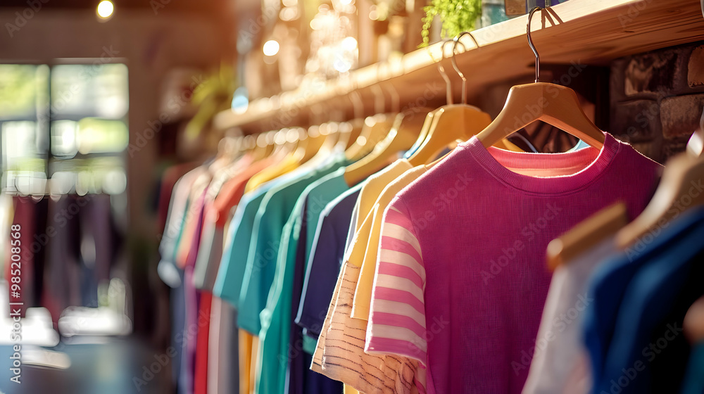 Fototapeta premium Colorful Shirts on Hangers in a Retail Store - Photo