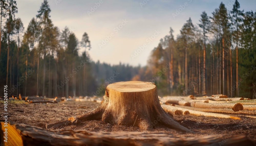 Stacked firewood in a forest clearing with trees, rocks, and dry wood in a natural landscape