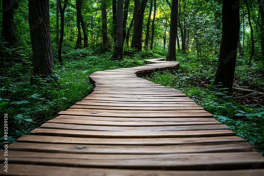 Winding wooden pathway through lush green forest Winding wooden pathway through lush green forest