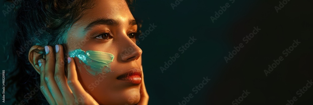 Obraz premium Dark-haired woman applies green cream to face in beauty studio setting, using small brush. Focus on intimate moment, with blurred background drawing attention to model skin, facial features.