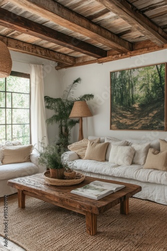 Cozy living room showcasing natural materials, a rustic wooden coffee table, soft textiles, and greenery, perfect for interior design inspiration, home decor blogs, or lifestyle magazines,