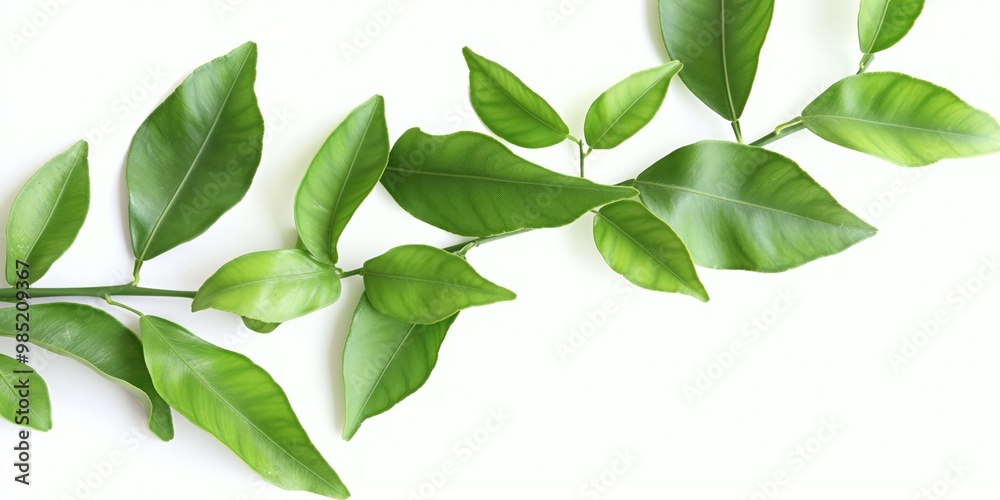 Close-up of vibrant green citrus leaves on white background. Leaves with pointed tips, wavy edges. Fresh, healthy foliage with prominent veins. Many leaves in group, isolated on white background. Close-up of vibrant green citrus leaves on white background. Leaves with pointed tips, wavy edges. Fresh, healthy foliage with prominent veins. Many leaves in group, isolated on white background.