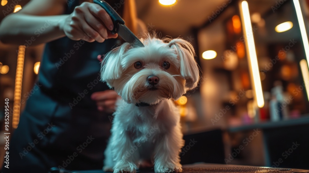 Pet groomer trimming the fur on a small dog Pet groomer trimming the fur on a small dog