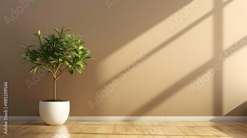 3D Illustration of a Plant in a Pot Against a Beige Wall with Window Light