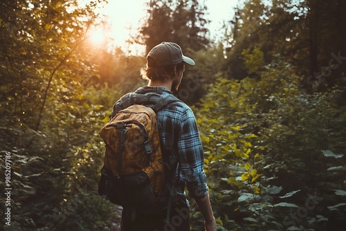 Young man hiking in forest at sunset with backpack, adventurous exploring nature.