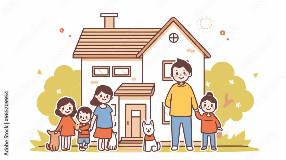 Naklejka premium 【背景】白背景の住宅と家族のイラスト素材。カラフルでポップ,ファミリー,かわいい,シンプル,