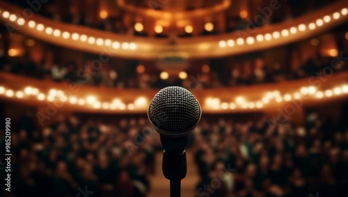 Lights shine on a microphone, signaling the start of an engaging performance. photo