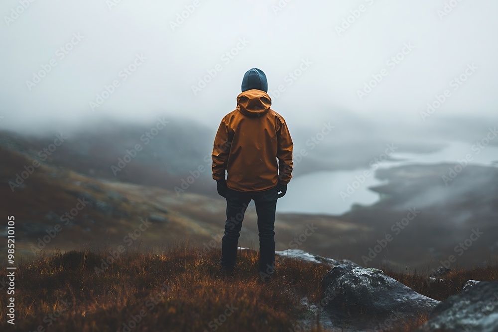 Man standing on a mountain overlooking a lake in the fog