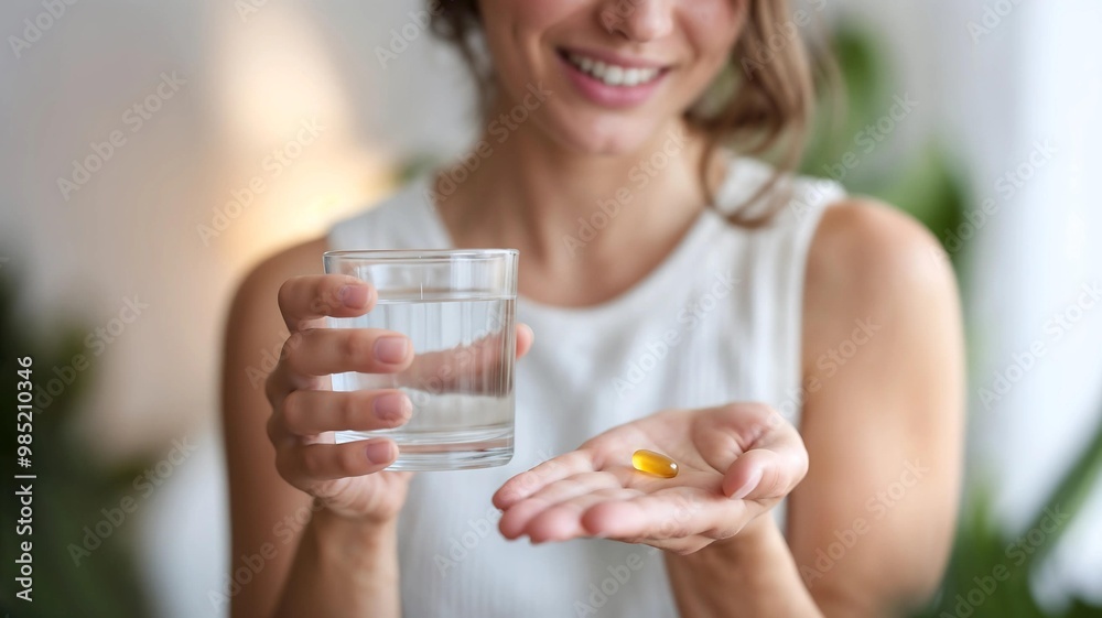 Dietary Supplement: Young Woman Holding Fish Oil Pill in Hand. Taking Vitamins or Medication for Skin, Hair and Nail Strengthening with a Glass of Water at Home. Healthcare Concept, Woman Holding Pill Dietary Supplement: Young Woman Holding Fish Oil Pill in Hand. Taking Vitamins or Medication for Skin, Hair and Nail Strengthening with a Glass of Water at Home. Healthcare Concept, Woman Holding Pill