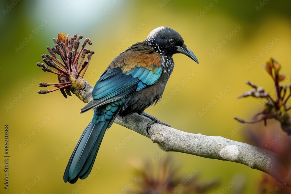 Obraz premium Tui bird perched on branch in New Zealand forest. Bird species with distinctive call, iridescent feathers, long beak. Perched on tree branch, surrounded by rich green leaves. Common sight in New