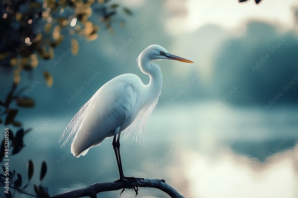 Naklejka premium White egret bird perched on a branch by a misty lake, nature photography