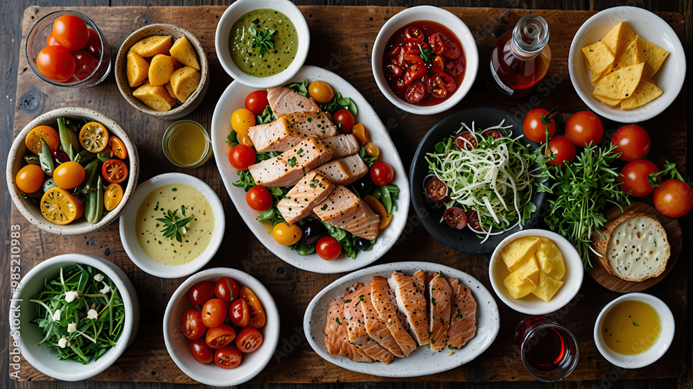 a wooden table filled with a variety of gourmet dishes and drinks a wooden table filled with a variety of gourmet dishes and drinks