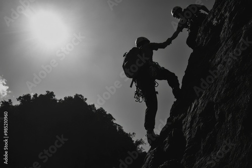 Climbers Silhouetted Against a Bright Sky, Reaching Out to Each Other