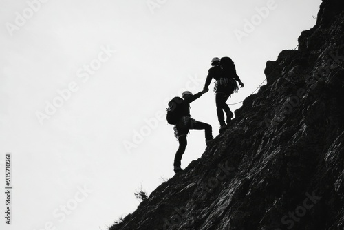 Two Climbers Silhouetted Against a White Sky While Ascending a Rock Face