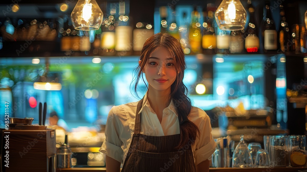 Barista in coffee shop standing behind counter with warm lighting Barista in coffee shop standing behind counter with warm lighting