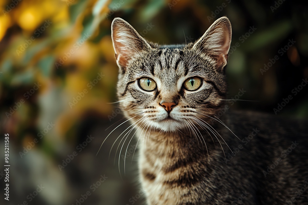 Close up portrait of a tabby cat looking directly at the camera with big green eyes. Close up portrait of a tabby cat looking directly at the camera with big green eyes.