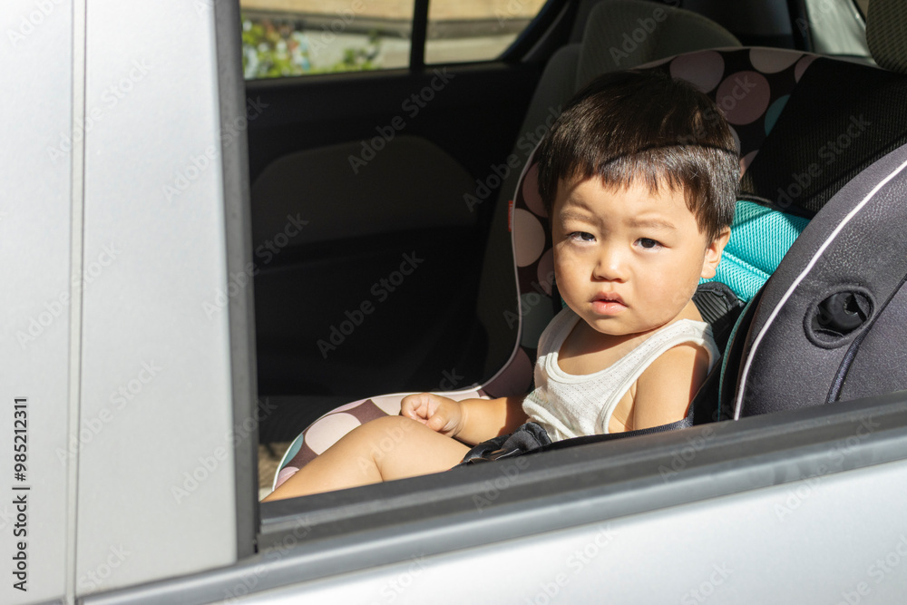 チャイルドシートに座る赤ちゃん(男の子、1歳、日本人)