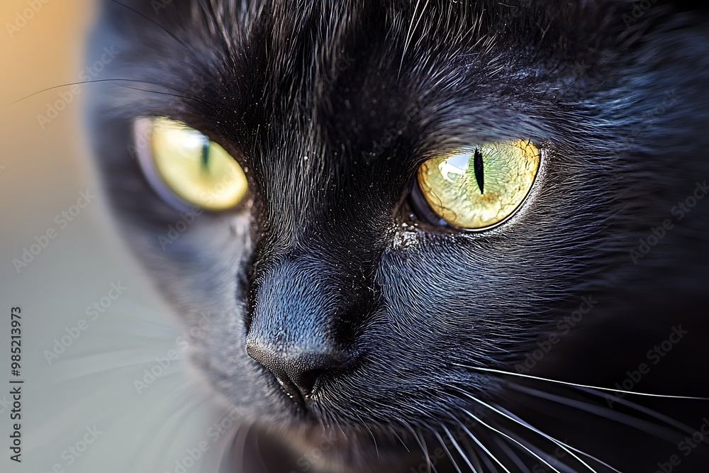 Close up of a black cat with bright yellow eyes Close up of a black cat with bright yellow eyes