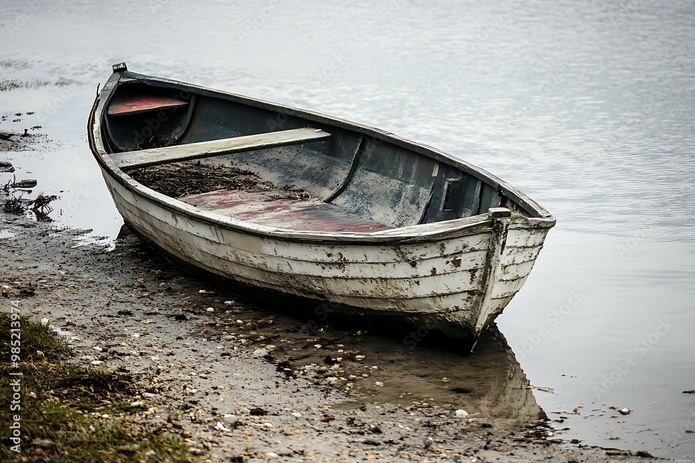 Old Rowboat Beached on the Shore, Cloudy Day Old Rowboat Beached on the Shore, Cloudy Day