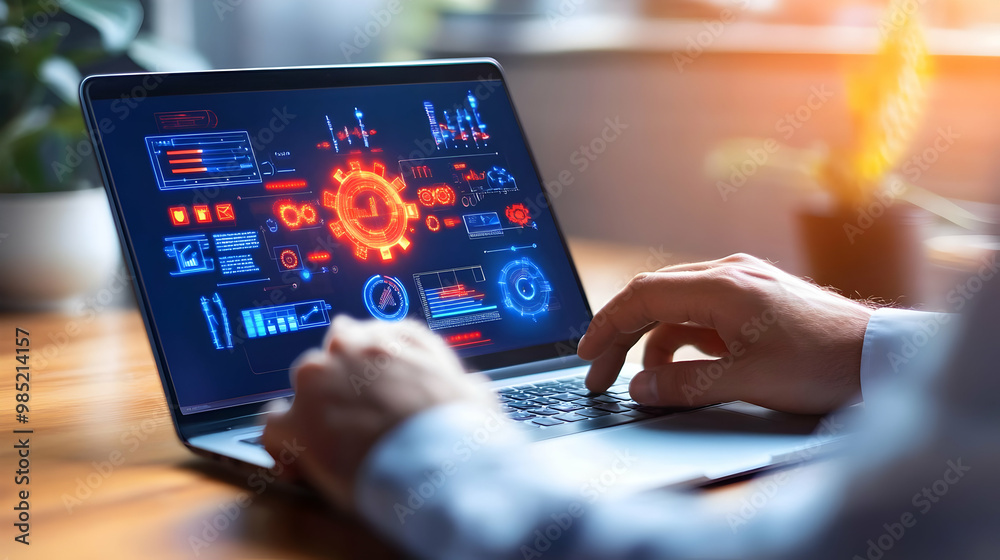 Laptop User with Futuristic Interface Illustration Laptop User with Futuristic Interface Illustration